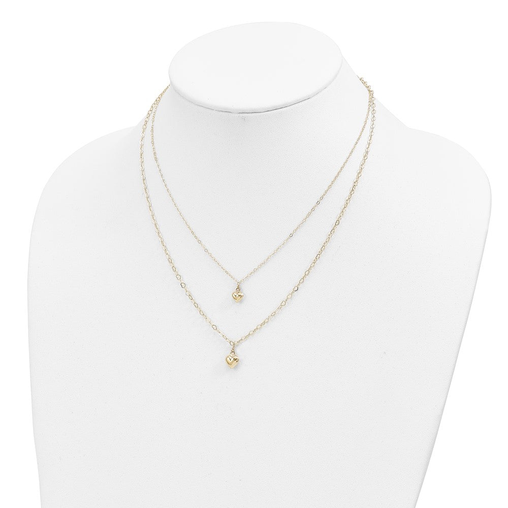 14K Double Layer Heart Link Polished Hearts 2 in ext. Necklace