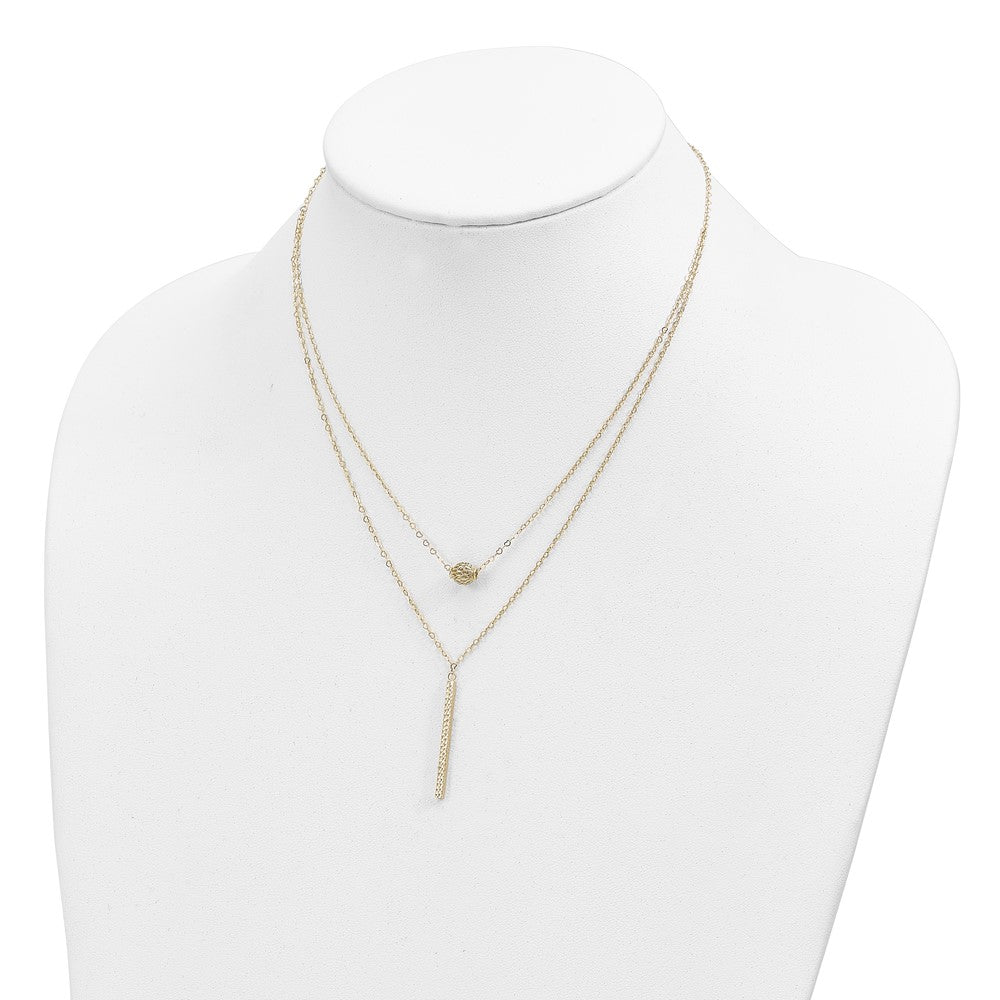 14K Double Layer Hollow Bead D/C Bar 2 in Necklace