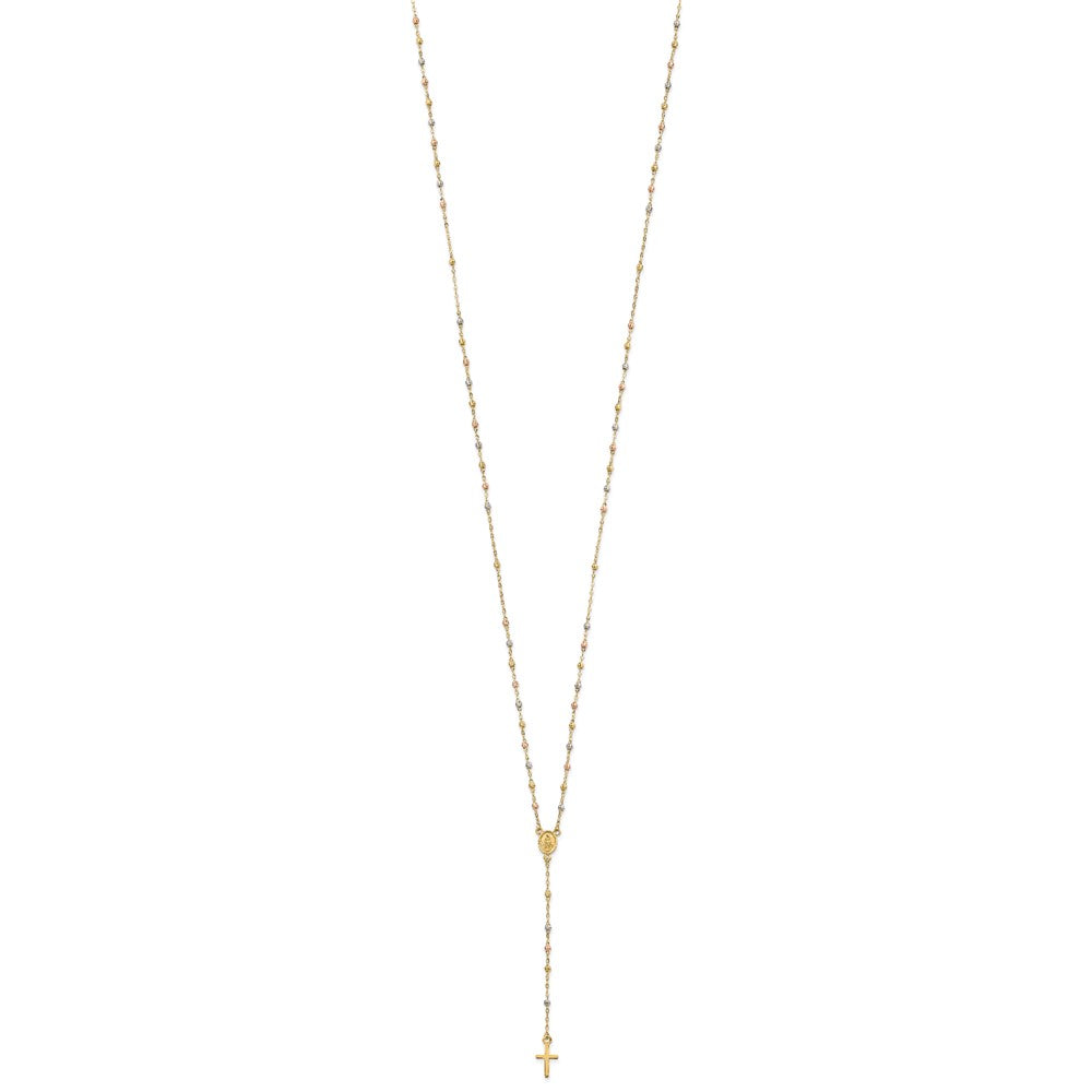14k Tri-color Beaded Rosary 17 inch w/ 3in ext Necklace