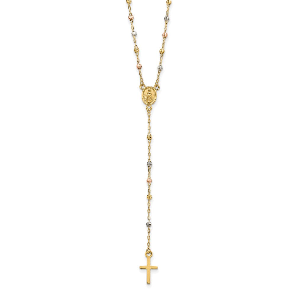14k Tri-color Beaded Rosary 17 inch w/ 3in ext Necklace