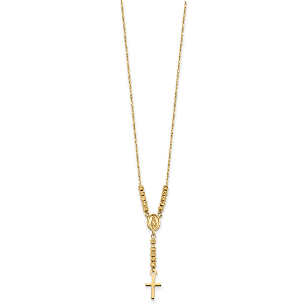 14K Polished D/C Bead Miraculous Medal and Cross 17in Necklace