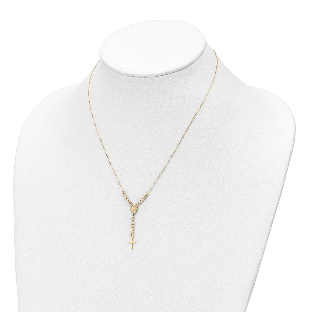 14K Polished D/C Bead Miraculous Medal and Cross 17in Necklace