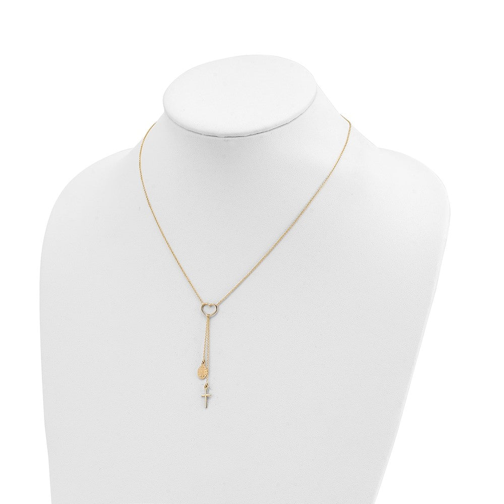 14K Polished Heart with Dangle Cross and Religious Medal Necklace