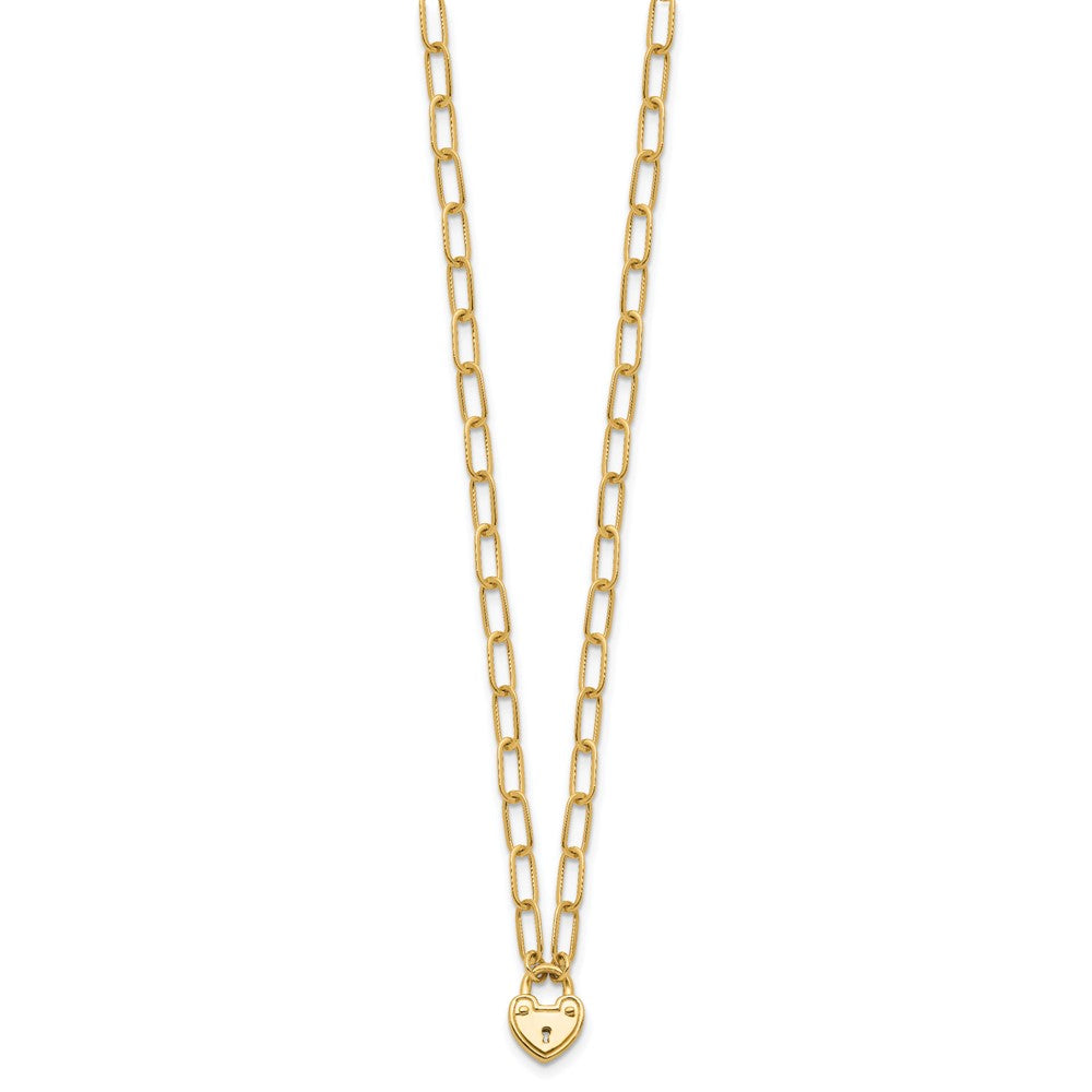 14K Polished Heart Lock Charm Paperclip Link Necklace