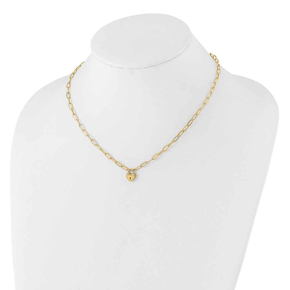 14K Polished Heart Lock Charm Paperclip Link Necklace