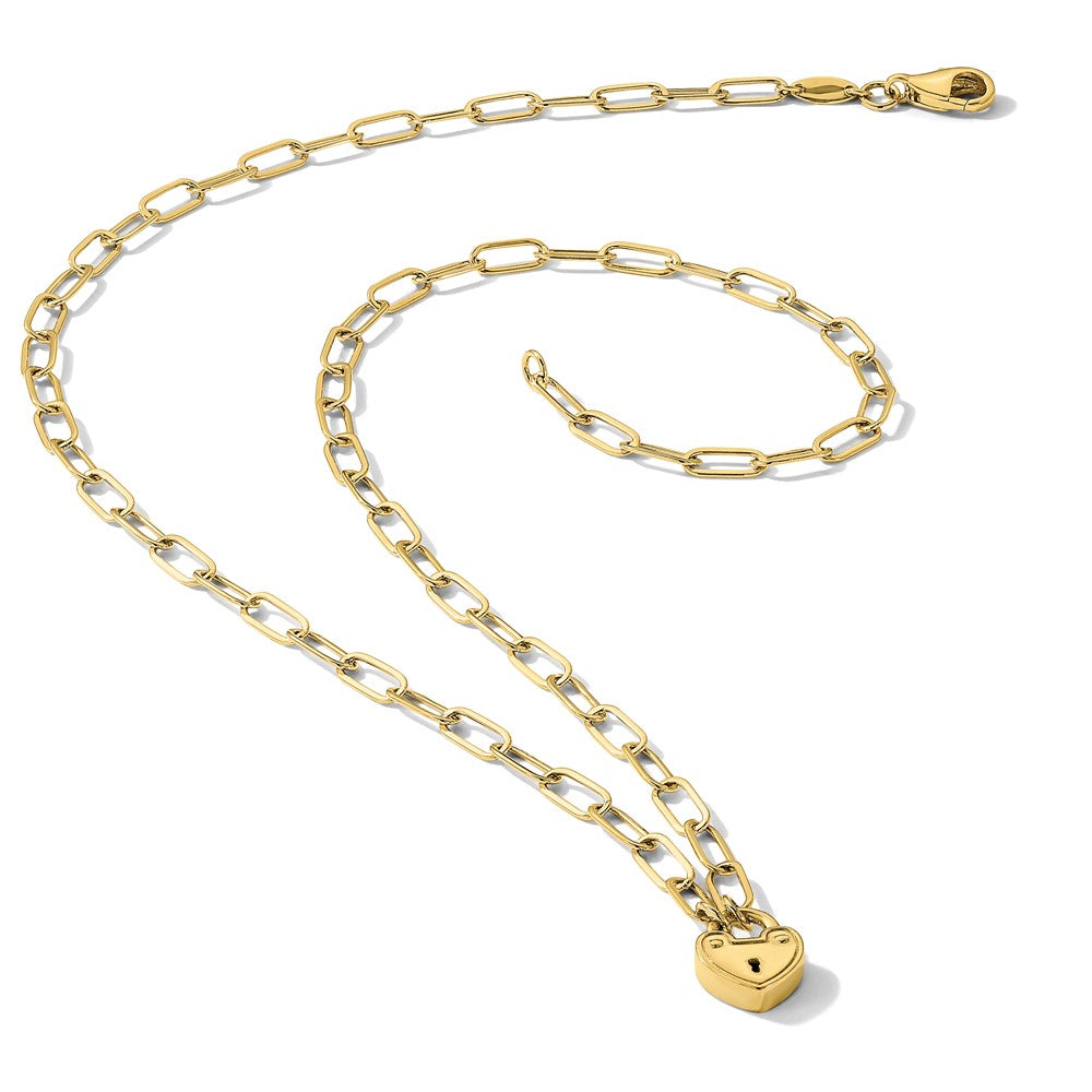 14K Polished Heart Lock Charm Paperclip Link Necklace