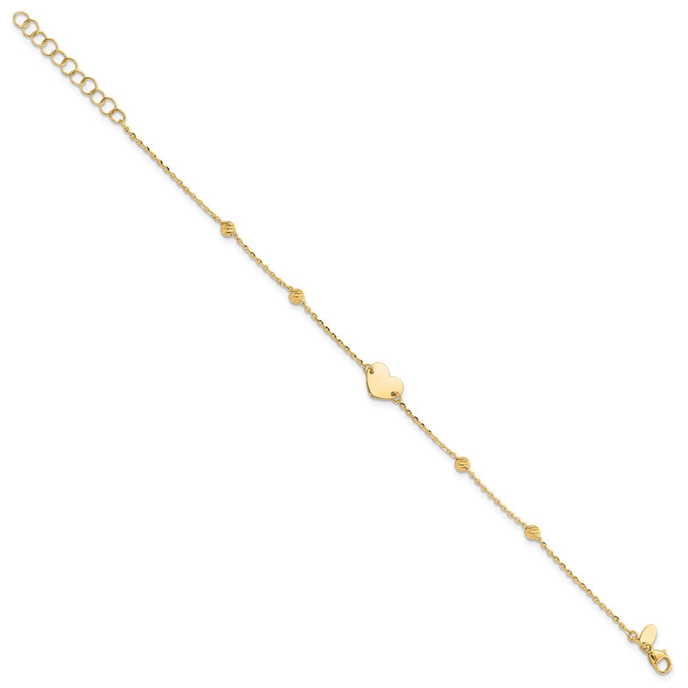 14K Polished and Diamond-cut Heart and Beads Plus 1in ext. Bracelet