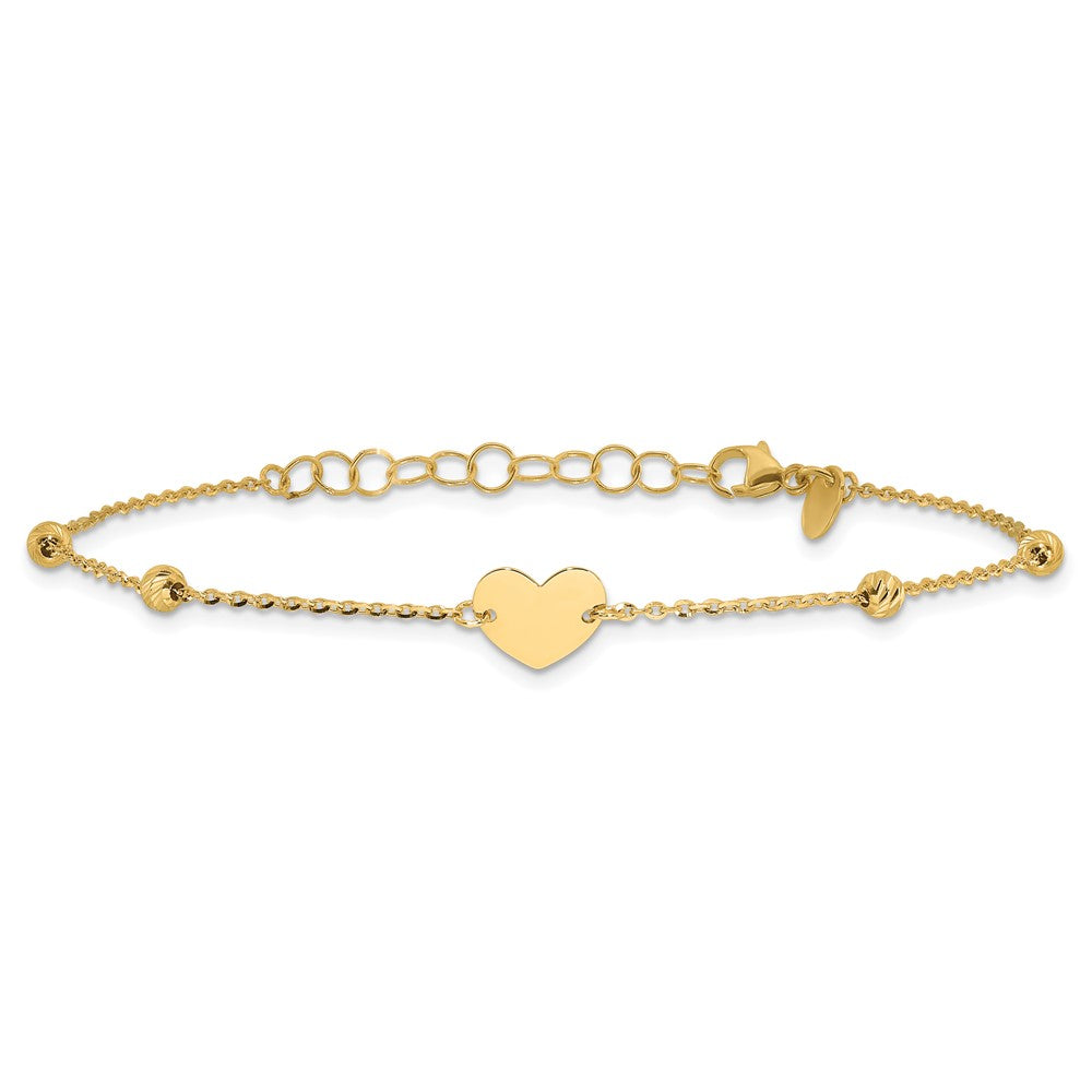 14K Polished and Diamond-cut Heart and Beads Plus 1in ext. Bracelet