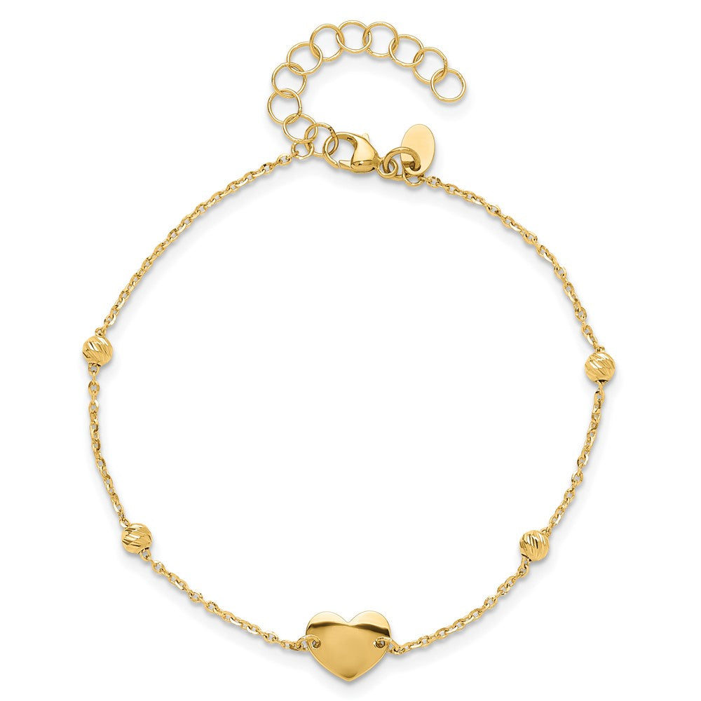 14K Polished and Diamond-cut Heart and Beads Plus 1in ext. Bracelet