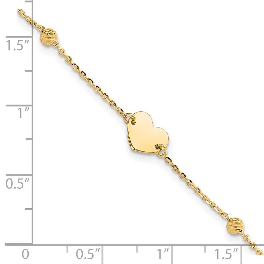 14K Polished and Diamond-cut Heart and Beads Plus 1in ext. Bracelet