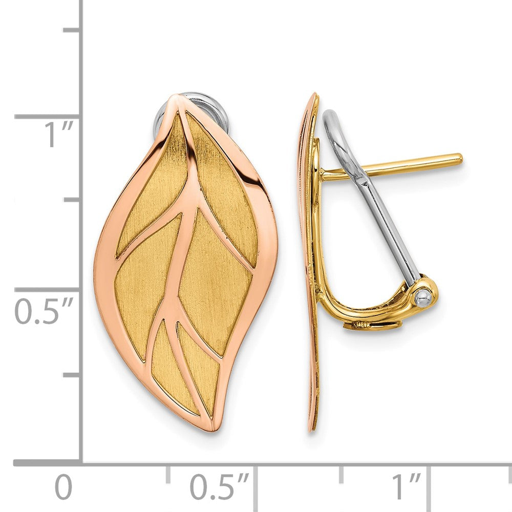 14K Two-tone Rose and Yellow Polished / Brushed Leaf Omega Back Earrings