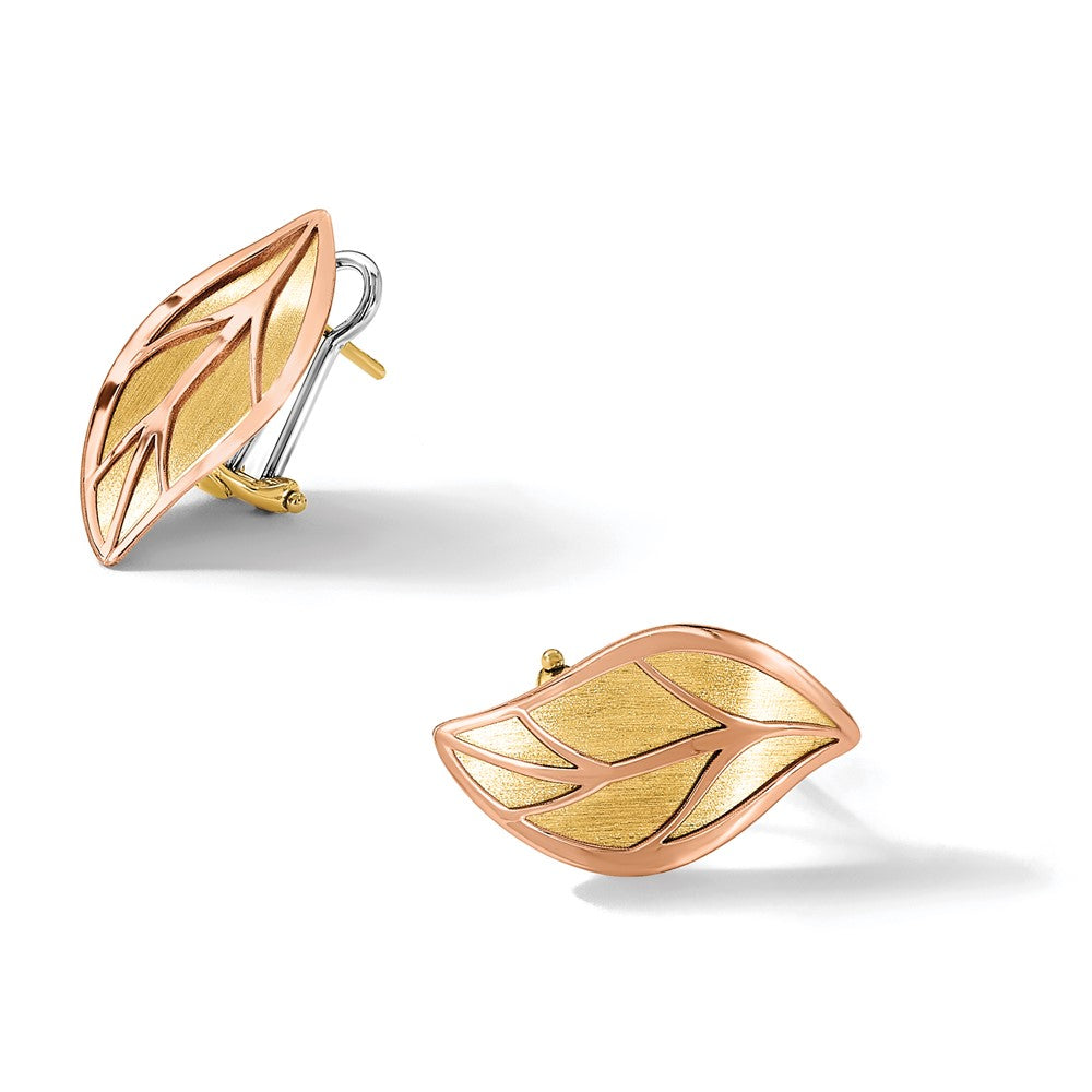 14K Two-tone Rose and Yellow Polished / Brushed Leaf Omega Back Earrings
