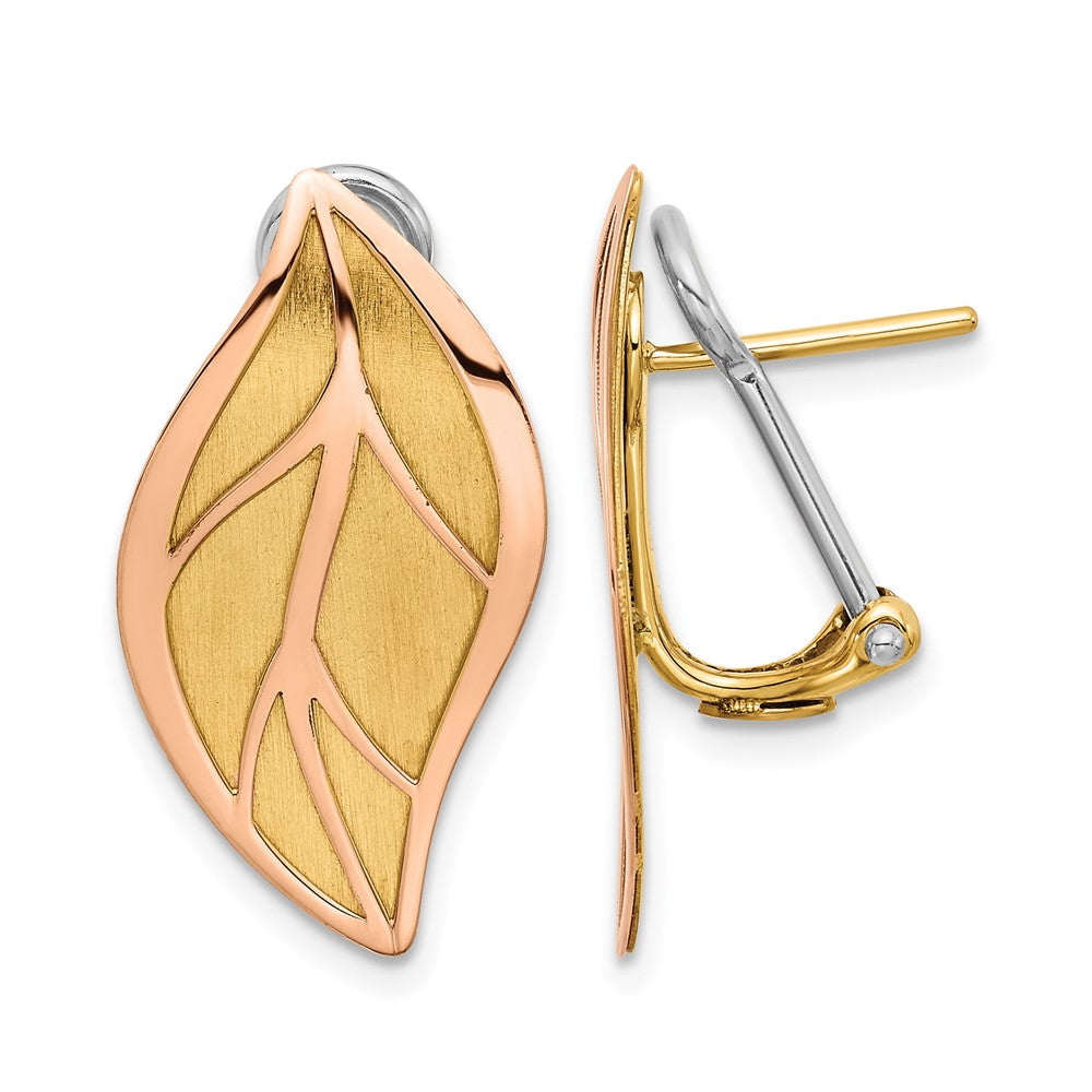 14K Two-tone Rose and Yellow Polished / Brushed Leaf Omega Back Earrings