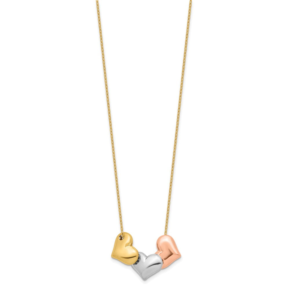 14K Tri-color Polished Hearts 17 in w/ 1in ext. Necklace