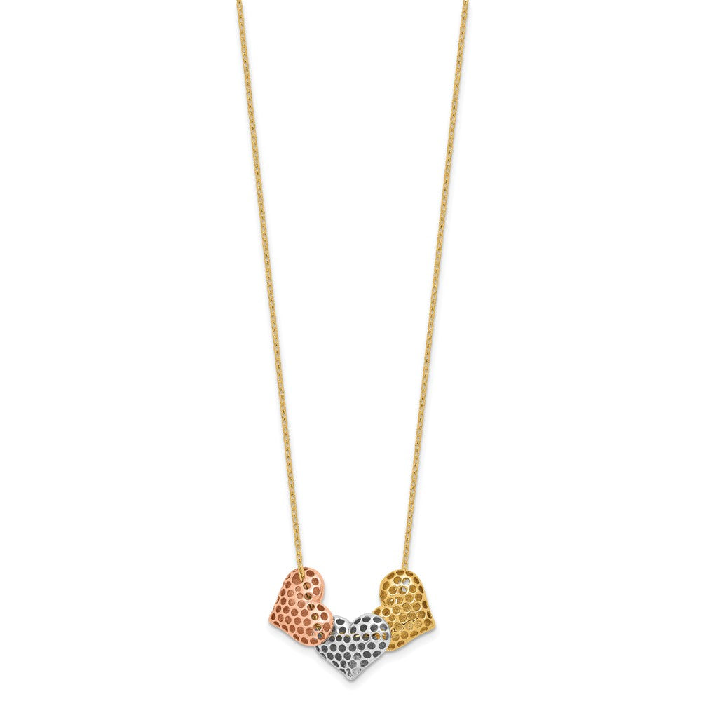 14K Tri-color Polished Hearts 17 in w/ 1in ext. Necklace