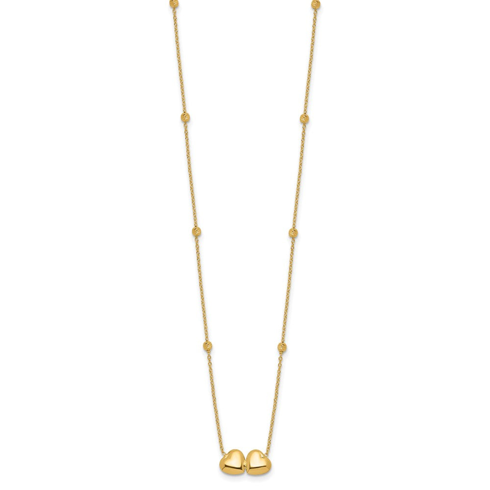 14K D/C Beaded Double Heart 16in w/2in ext. Necklace