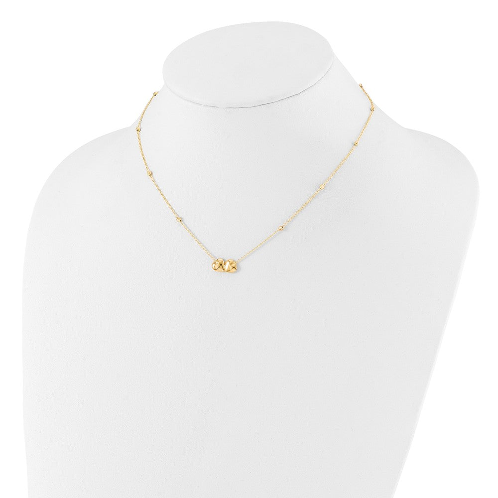14K D/C Beaded Double Heart 16in w/2in ext. Necklace
