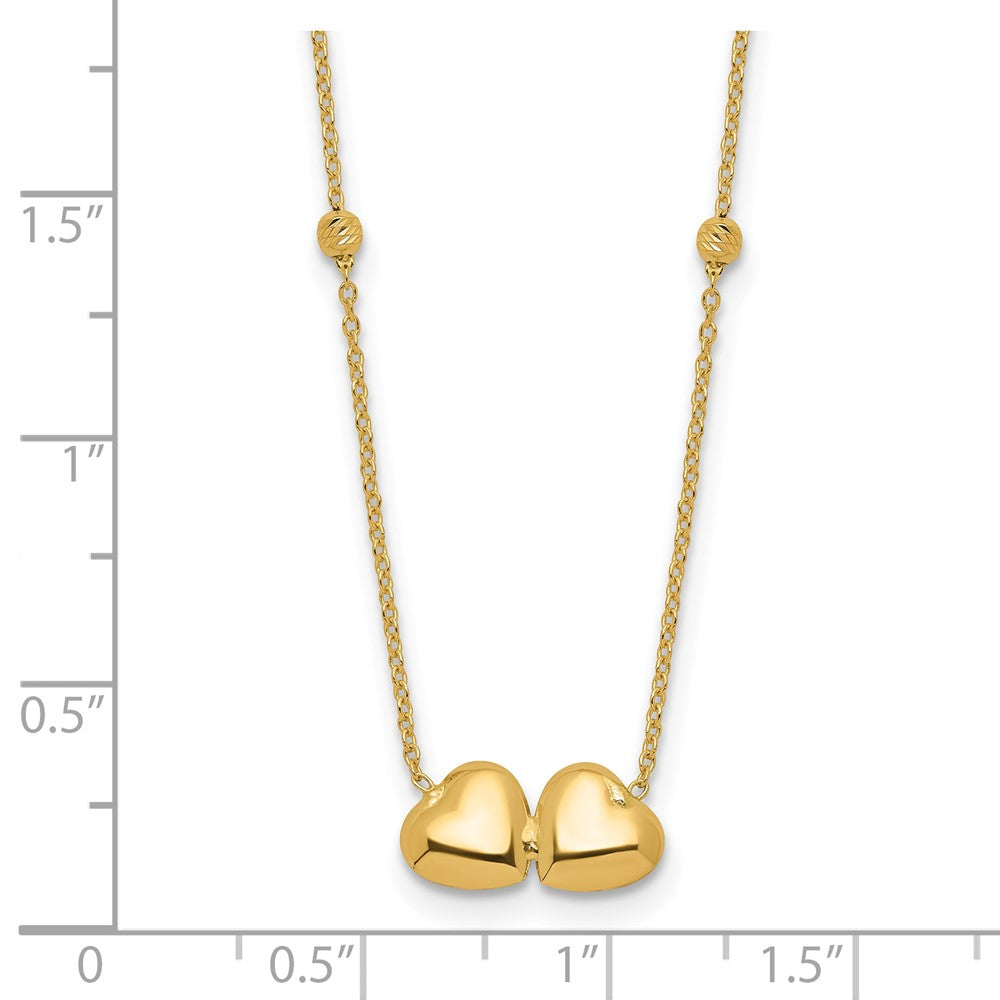 14K D/C Beaded Double Heart 16in w/2in ext. Necklace