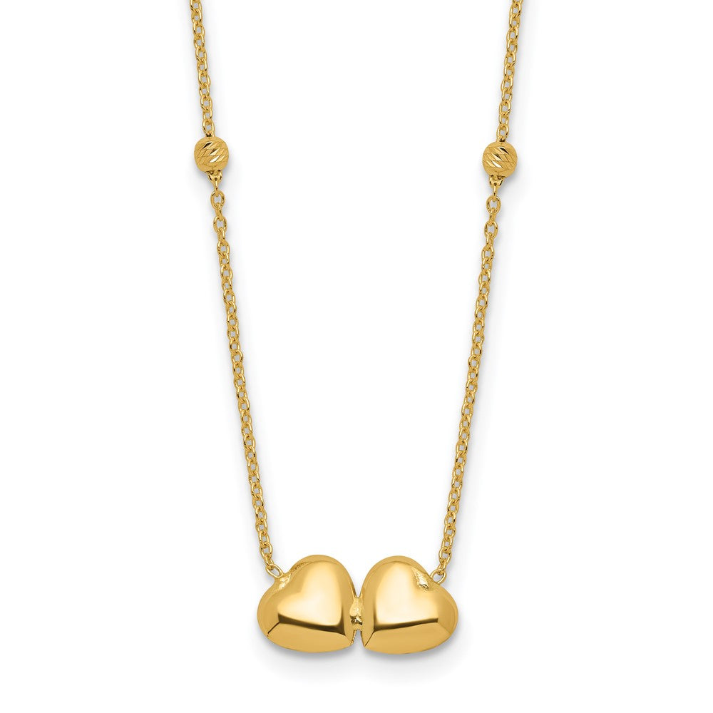 14K D/C Beaded Double Heart 16in w/2in ext. Necklace