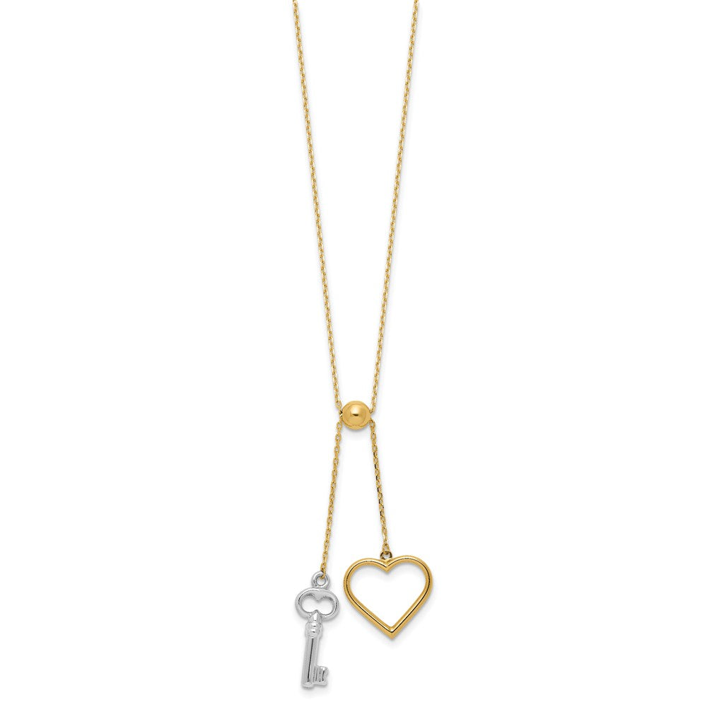 14K Two-tone Polished Adjustable-Dangle Heart and Key Necklace