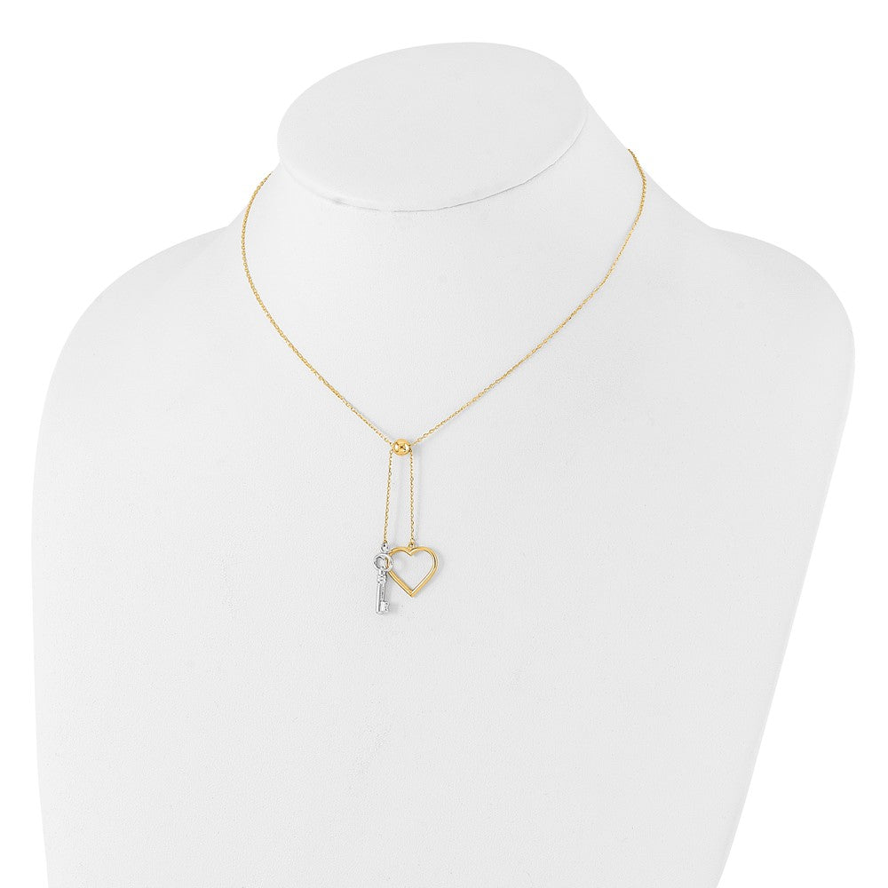 14K Two-tone Polished Adjustable-Dangle Heart and Key Necklace