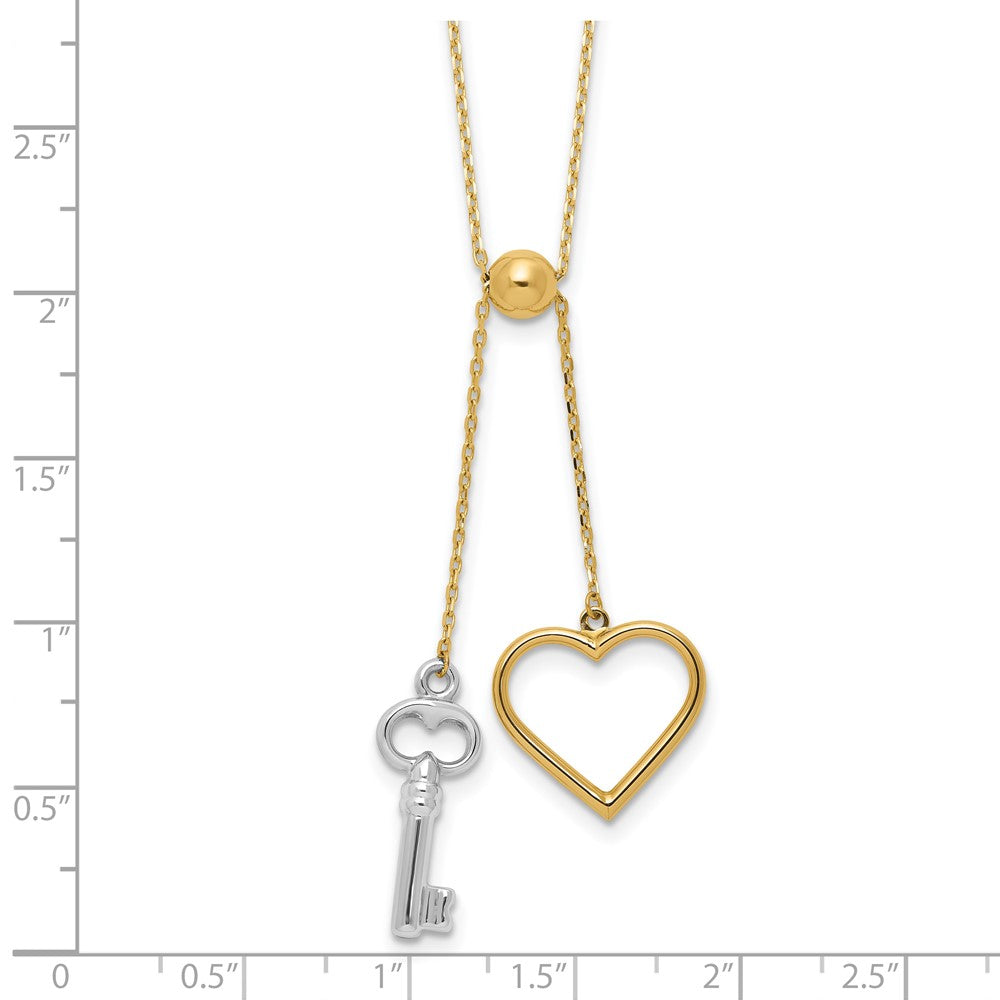 14K Two-tone Polished Adjustable-Dangle Heart and Key Necklace