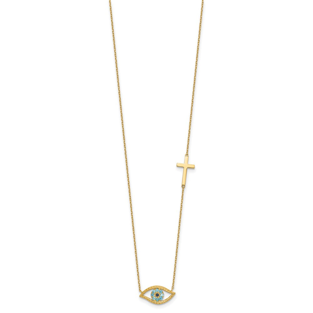 14K Polished CZ Evil Eye and Cross 18in with 2in ext. Necklace