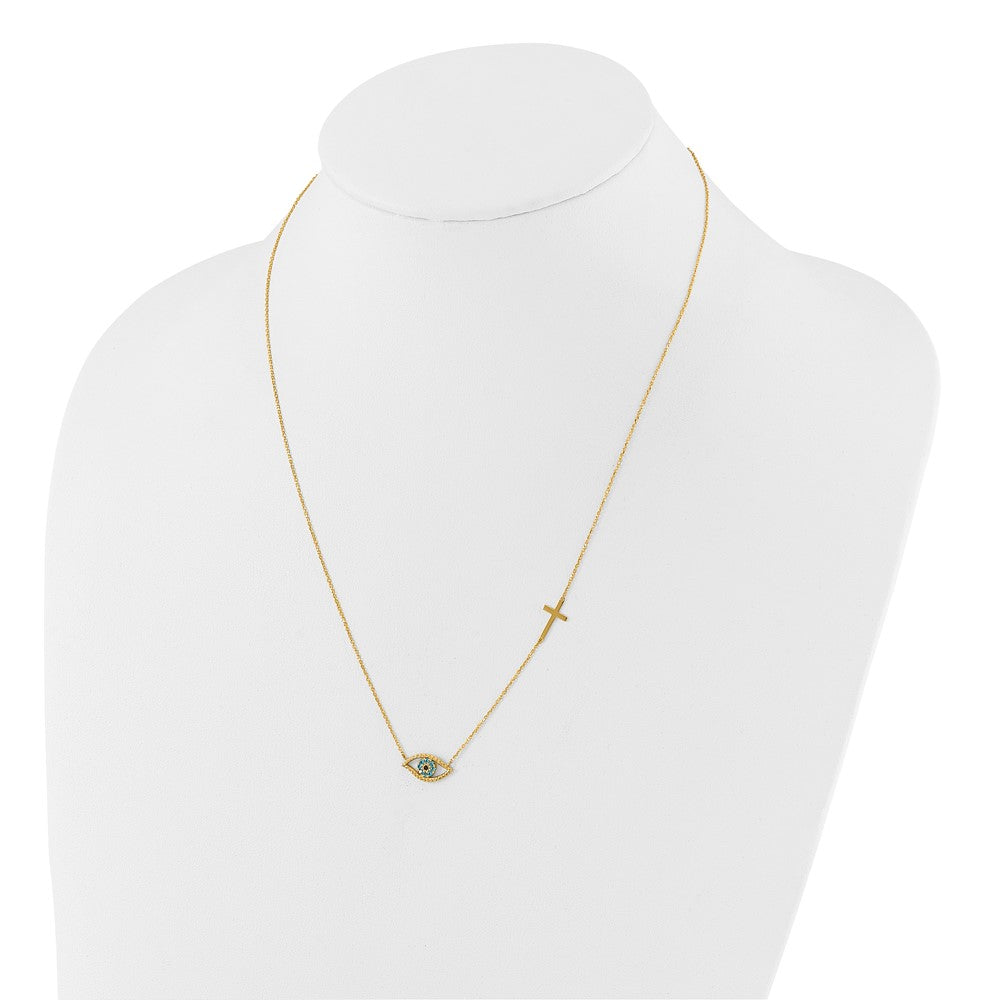 14K Polished CZ Evil Eye and Cross 18in with 2in ext. Necklace