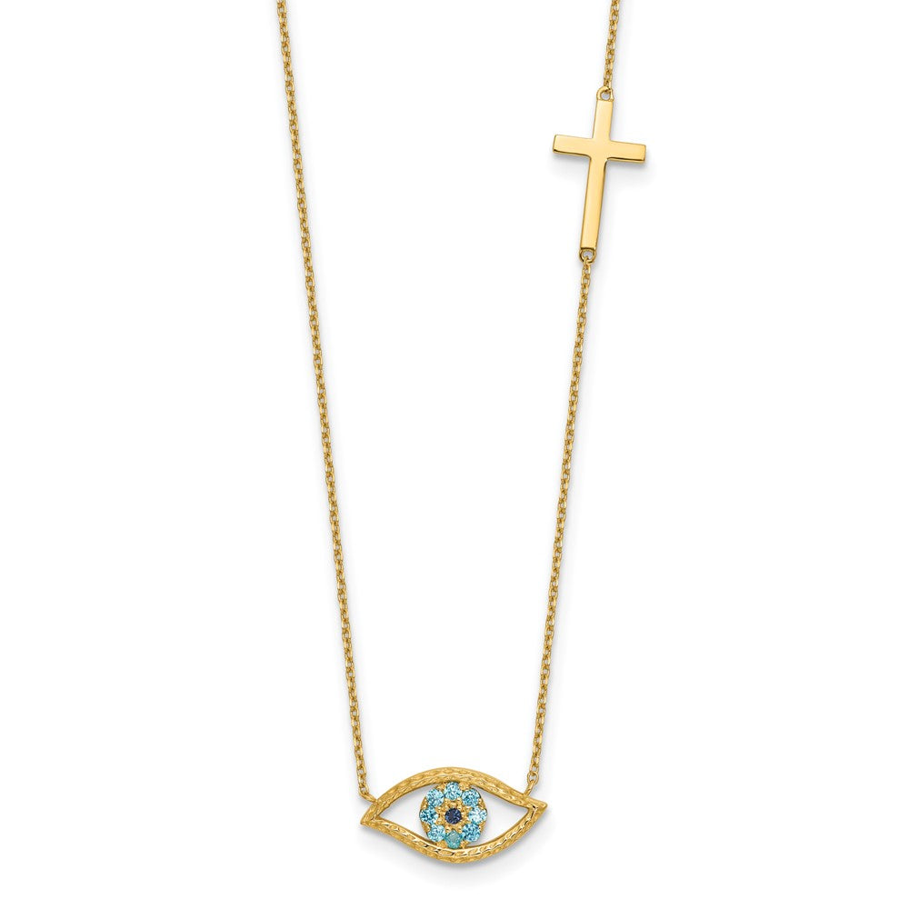 14K Polished CZ Evil Eye and Cross 18in with 2in ext. Necklace