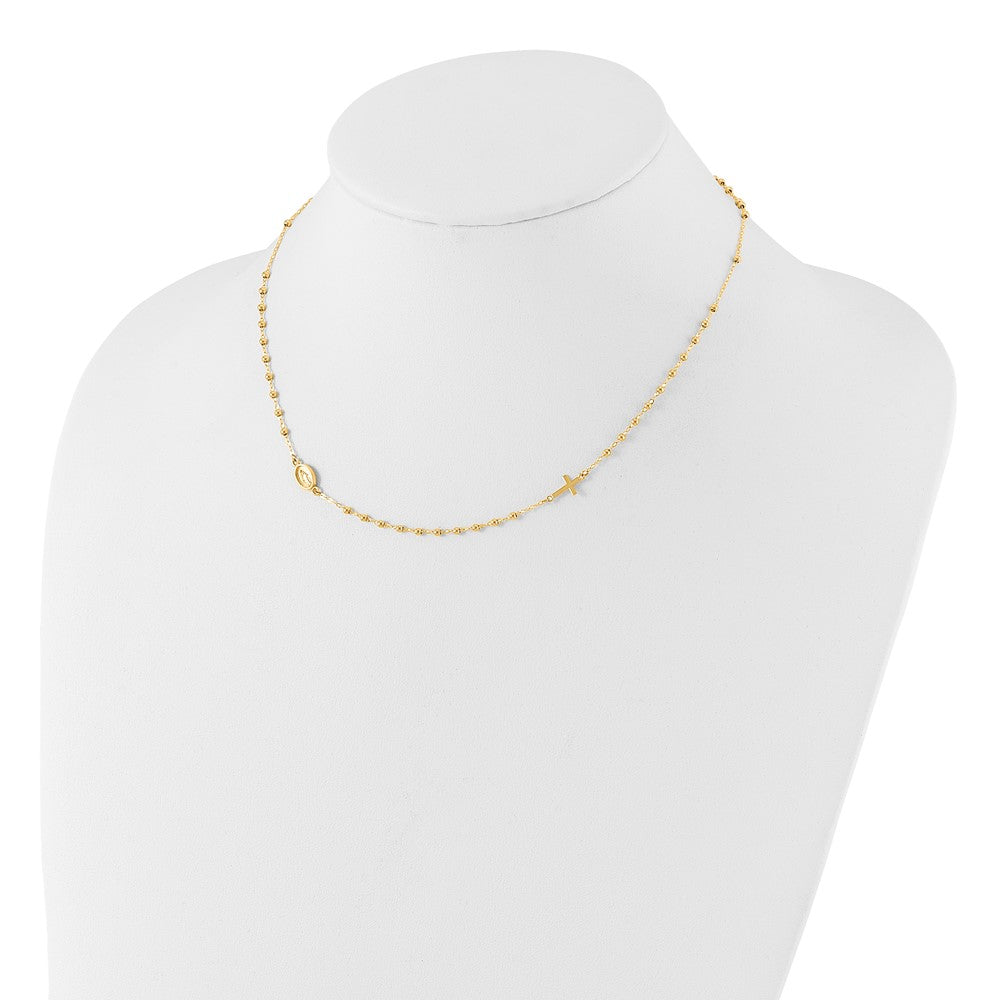 14K Polished Miraculous Medal and Cross Rosary Design Necklace