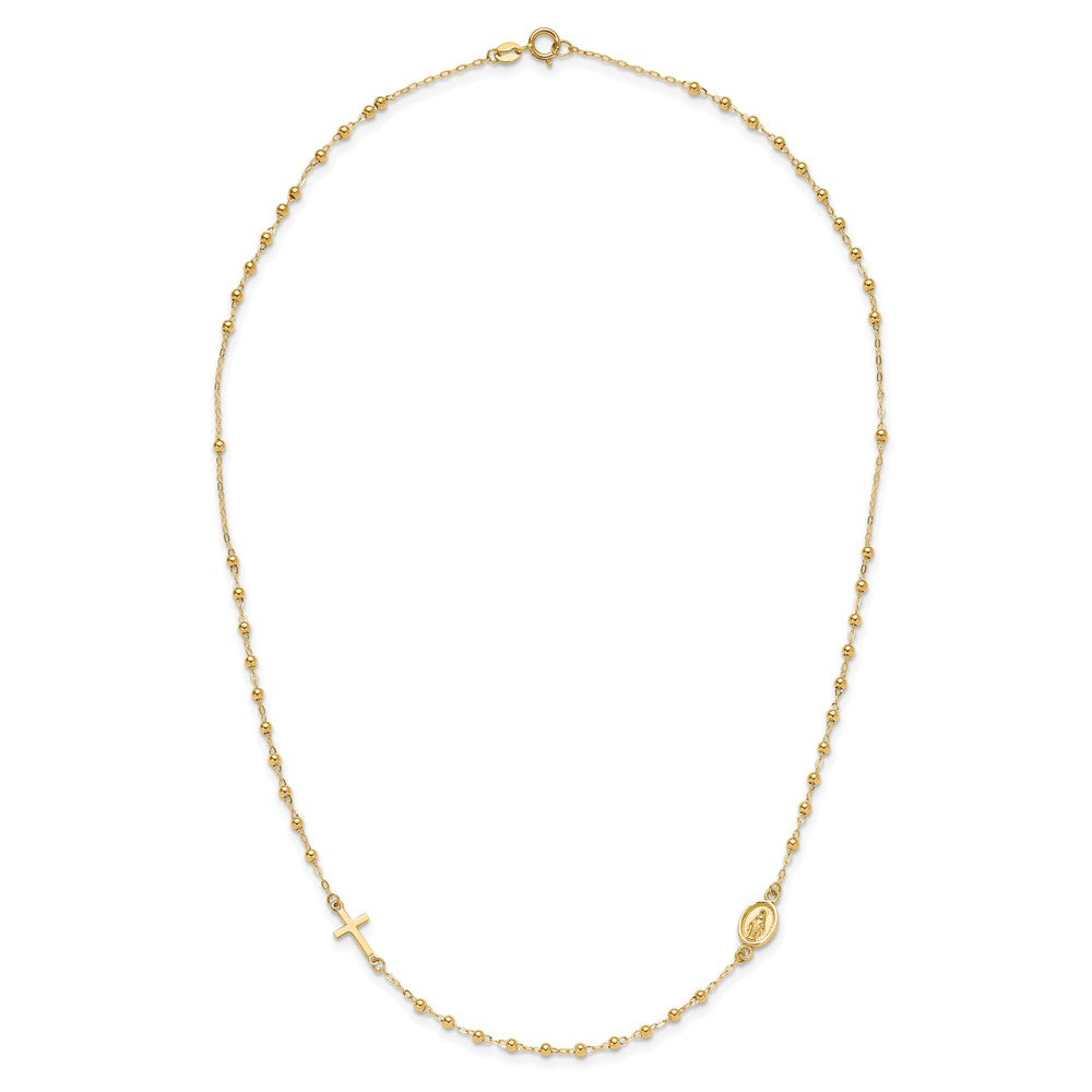 14K Polished Miraculous Medal and Cross Rosary Design Necklace