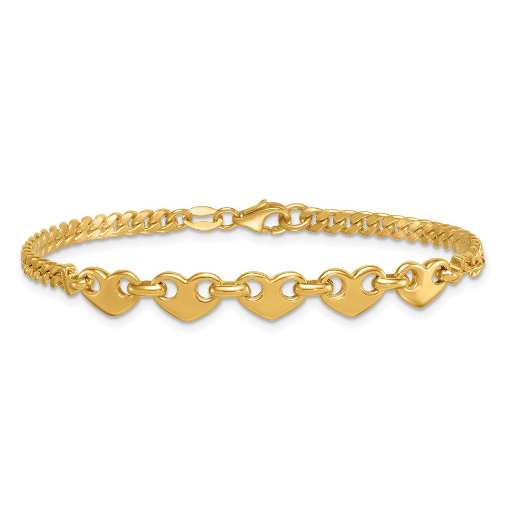 14k Polished Hearts Curb Link 7inch Bracelet