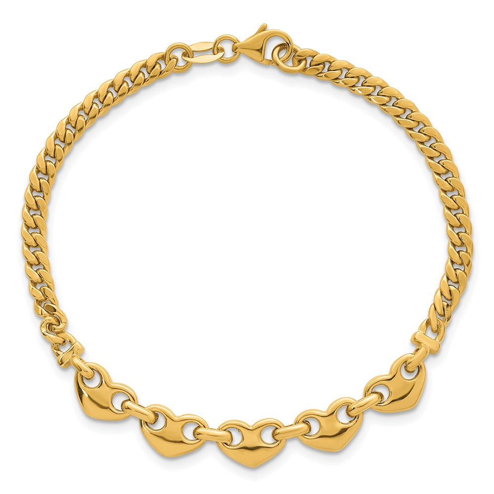 14k Polished Hearts Curb Link 7inch Bracelet