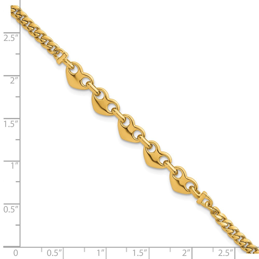 14k Polished Hearts Curb Link 7inch Bracelet