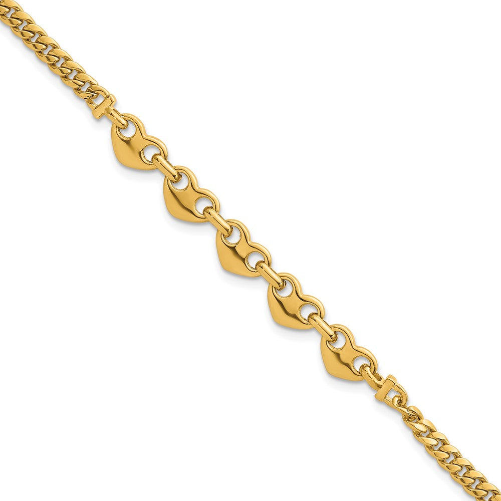 14k Polished Hearts Curb Link 7inch Bracelet