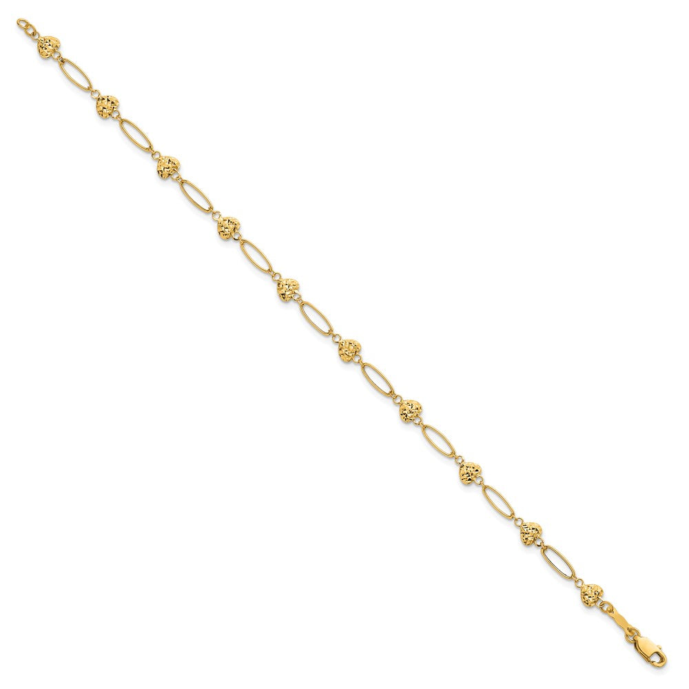 14k Polished Oval Link w D/C Puffed Hearts 7.5in Bracelet