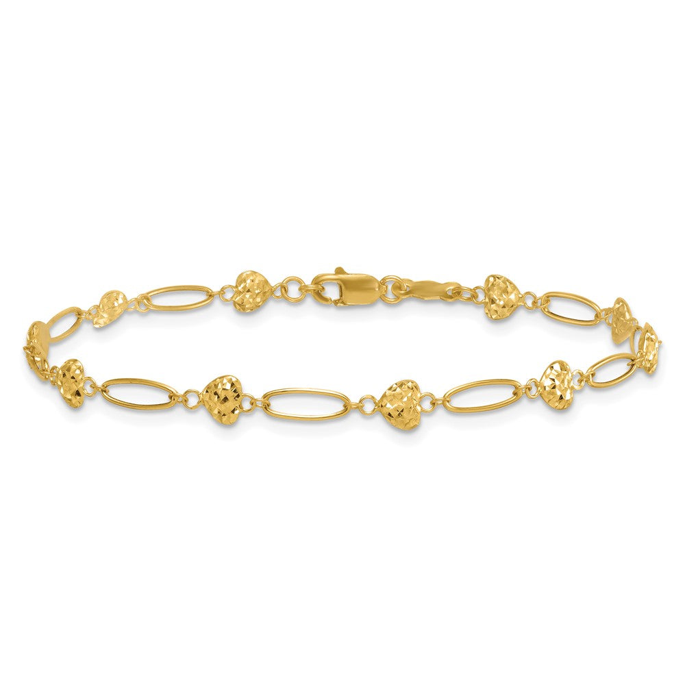 14k Polished Oval Link w D/C Puffed Hearts 7.5in Bracelet