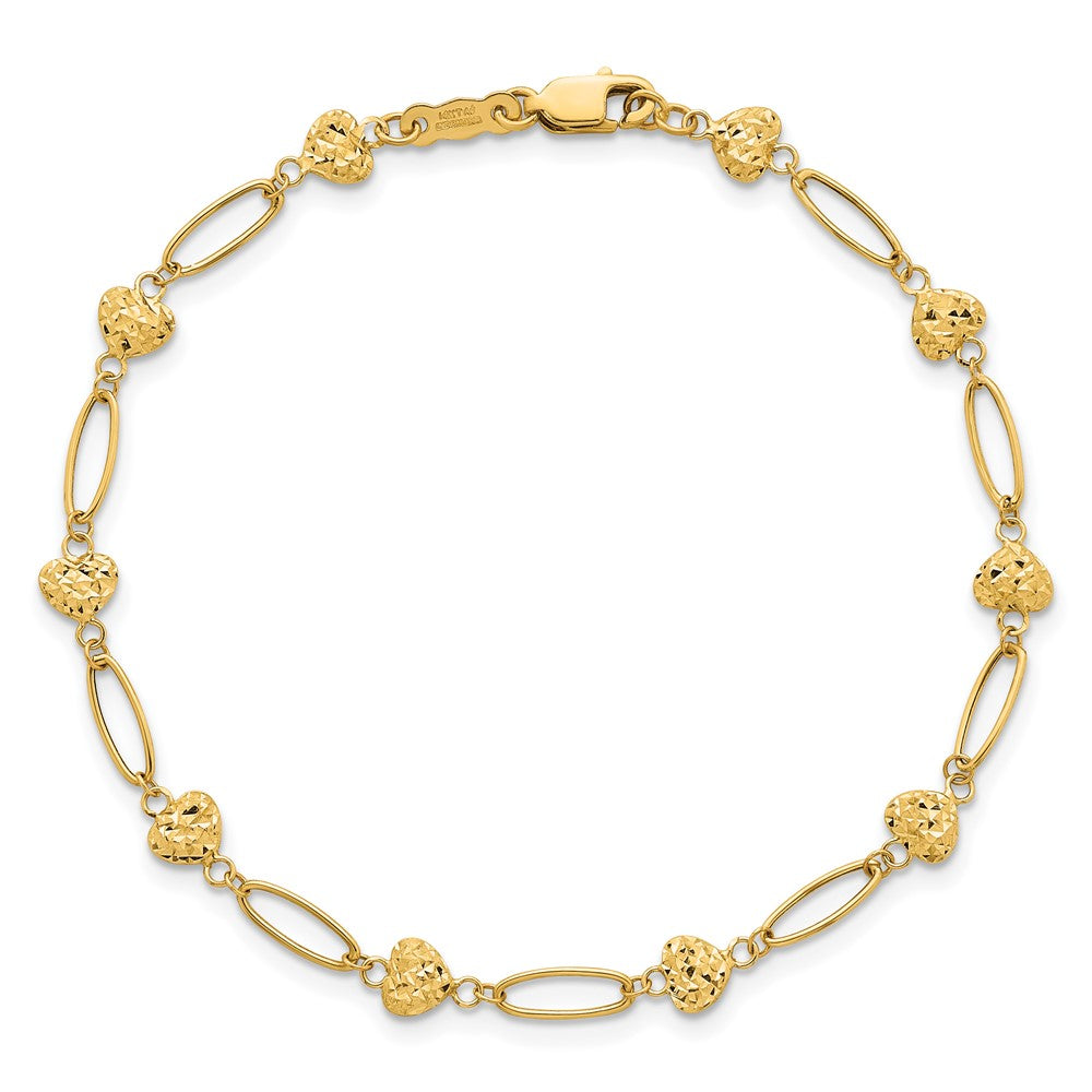 14k Polished Oval Link w D/C Puffed Hearts 7.5in Bracelet