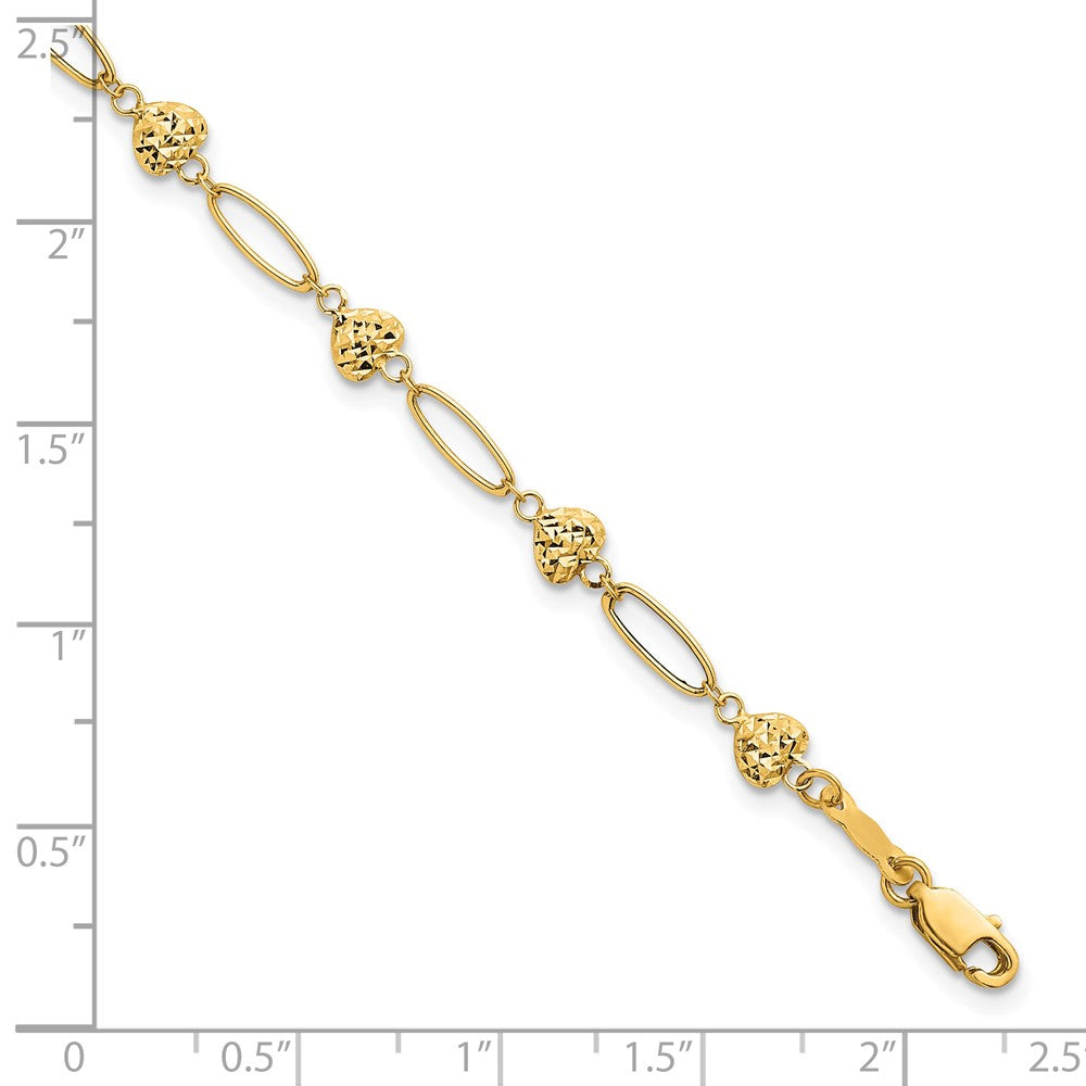 14k Polished Oval Link w D/C Puffed Hearts 7.5in Bracelet