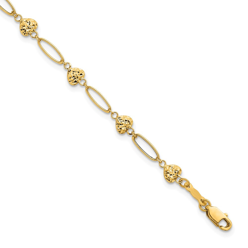 14k Polished Oval Link w D/C Puffed Hearts 7.5in Bracelet
