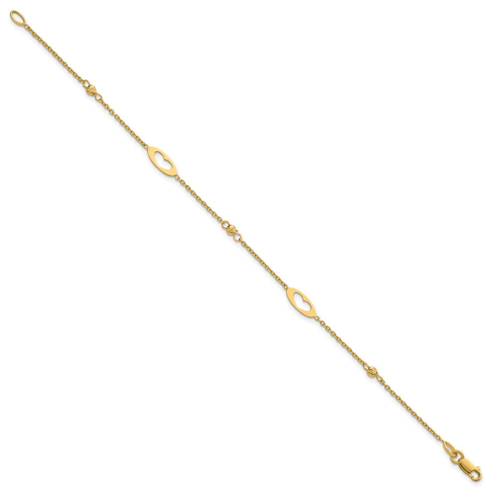 14k Polished Link Hearts and D/C Beads 7.5in Bracelet