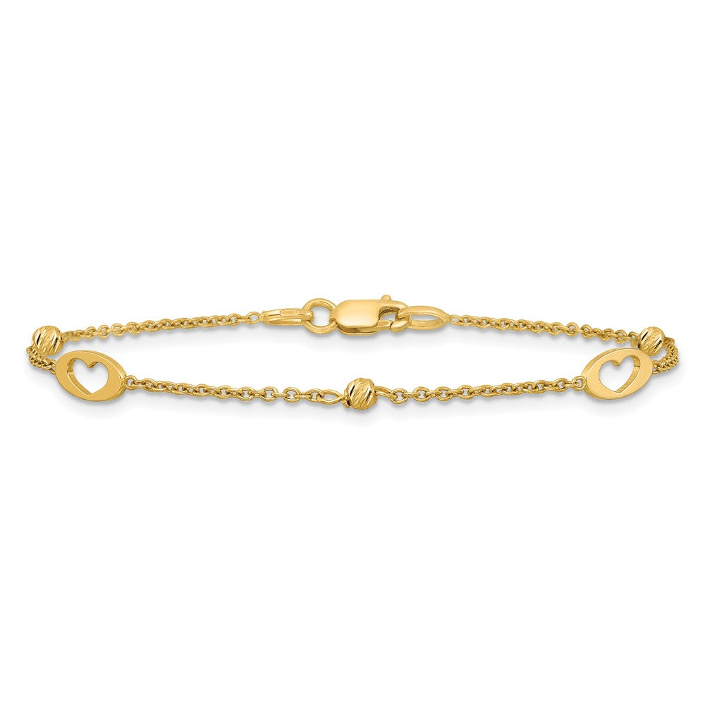 14k Polished Link Hearts and D/C Beads 7.5in Bracelet