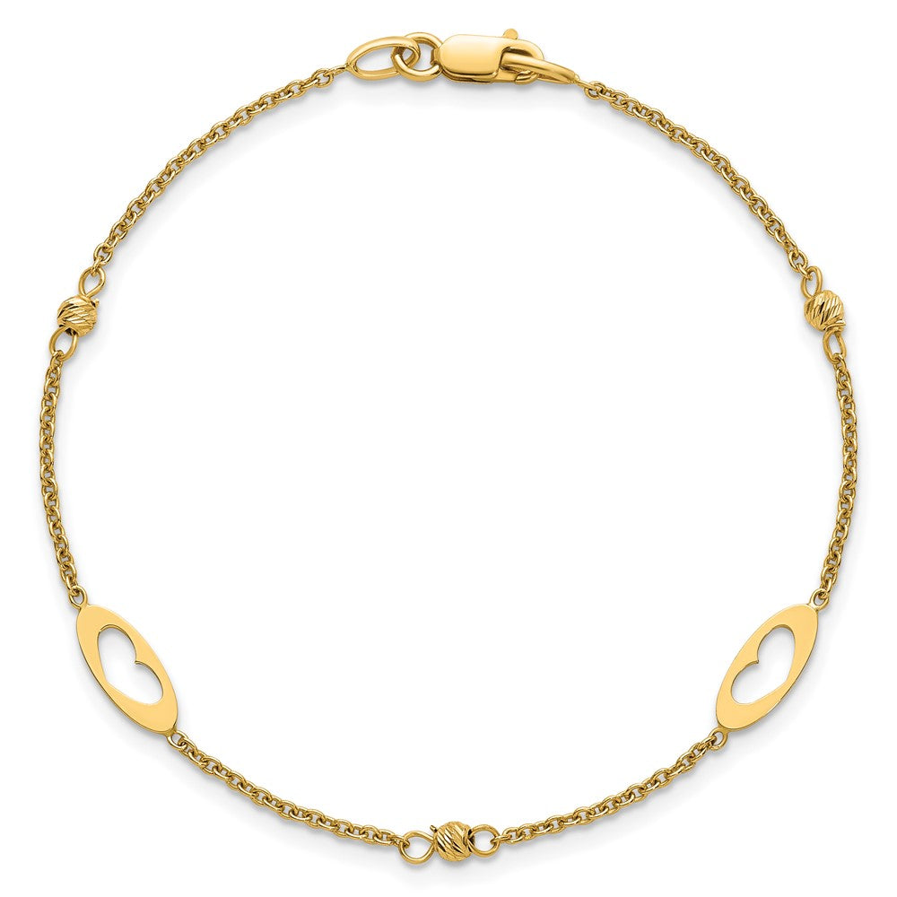14k Polished Link Hearts and D/C Beads 7.5in Bracelet