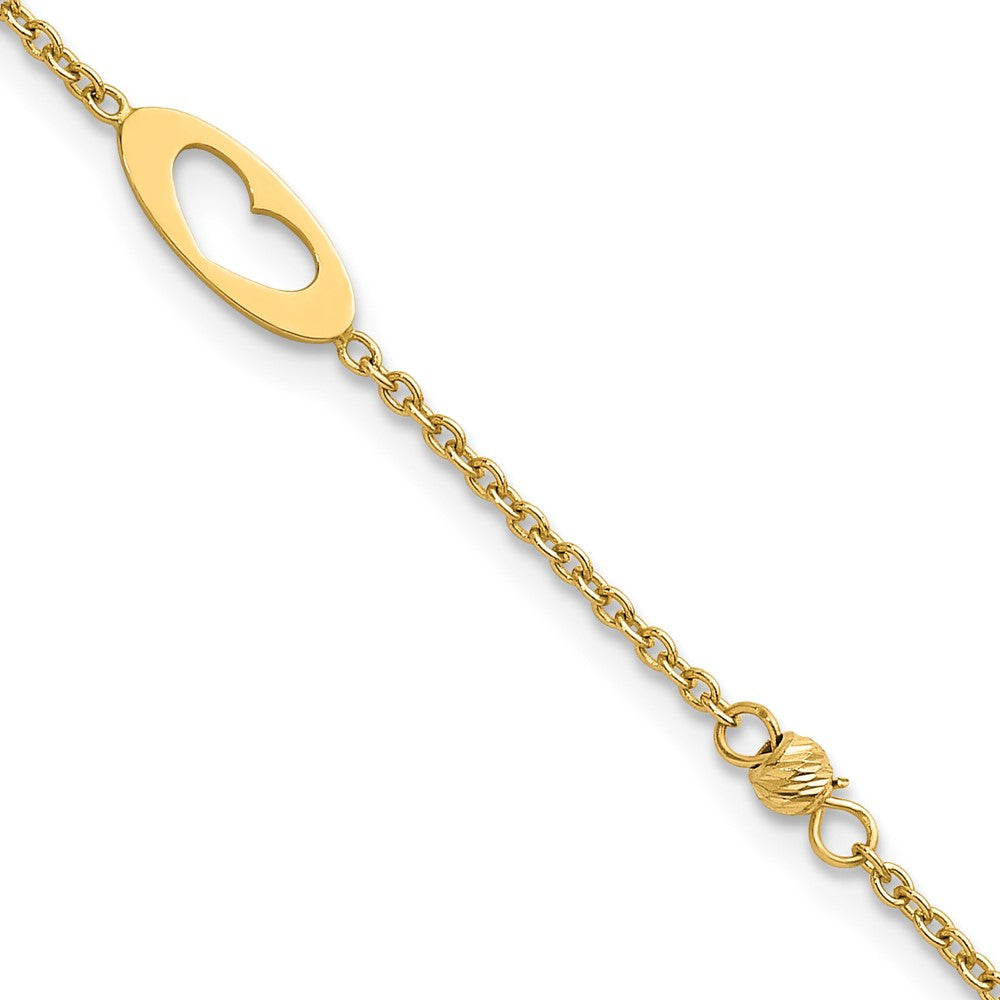 14k Polished Link Hearts and D/C Beads 7.5in Bracelet