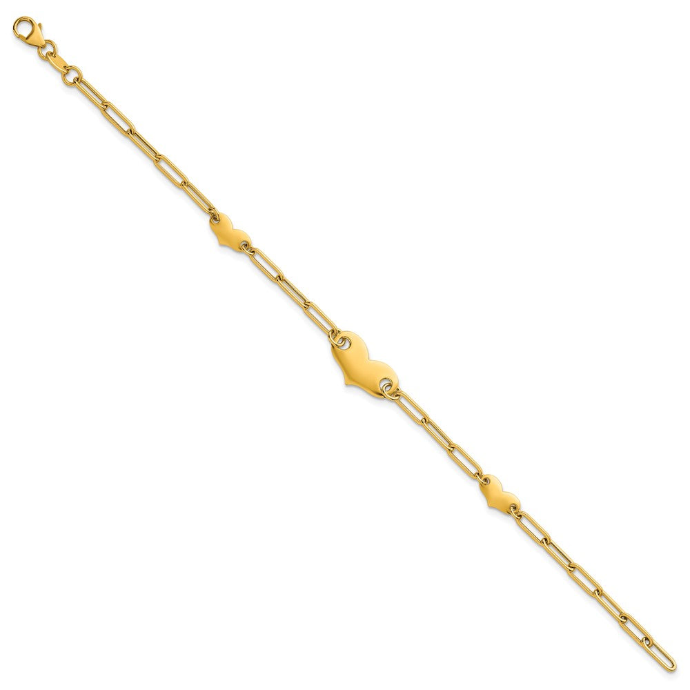 14k Polished Paperclip Link With Hearts 7.5in Bracelet