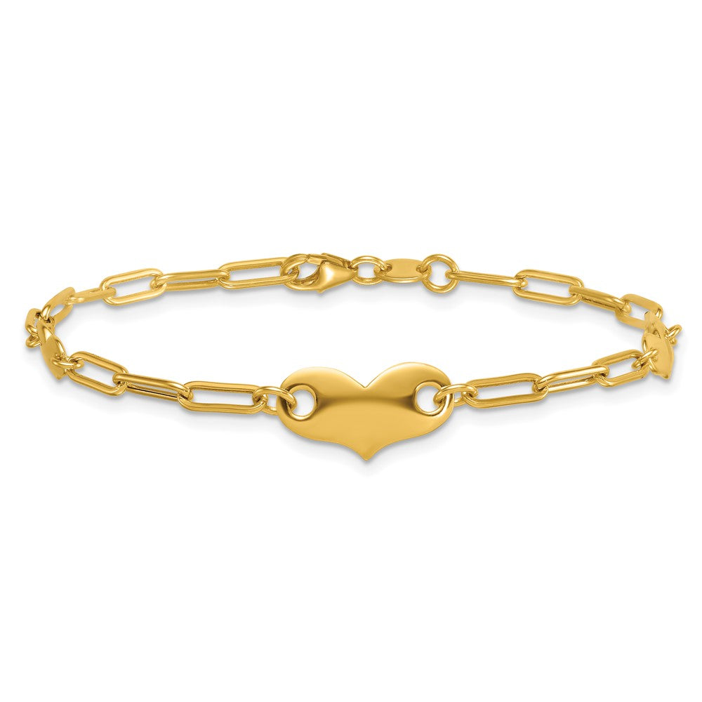14k Polished Paperclip Link With Hearts 7.5in Bracelet