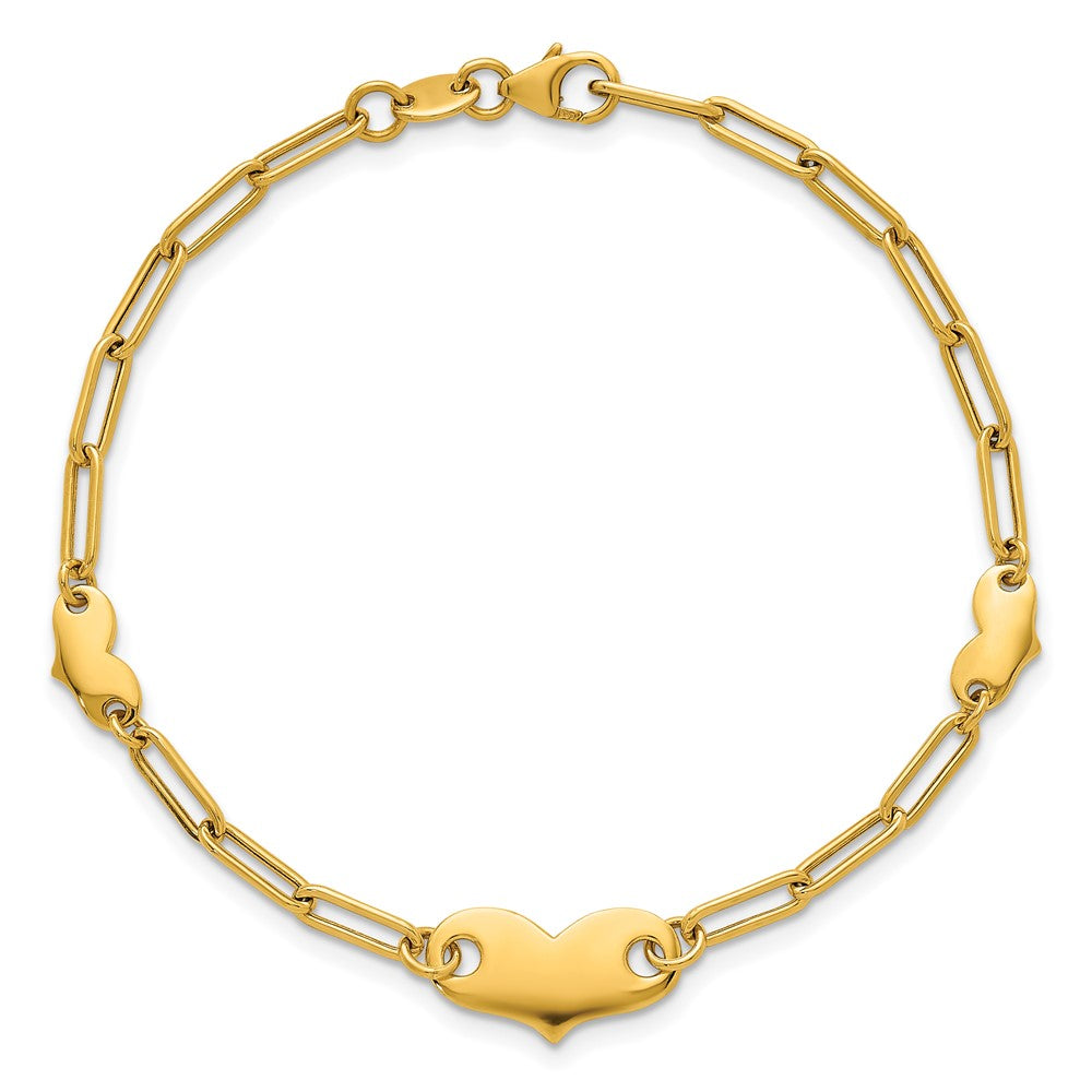 14k Polished Paperclip Link With Hearts 7.5in Bracelet