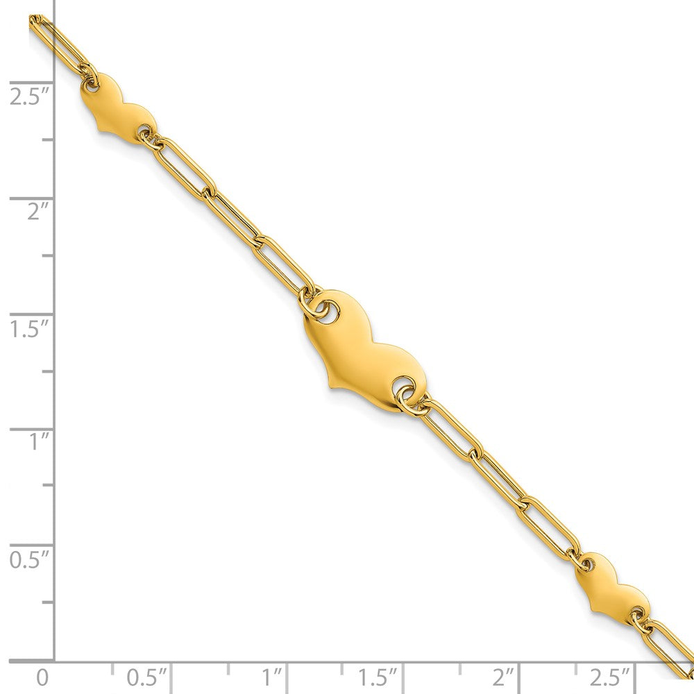 14k Polished Paperclip Link With Hearts 7.5in Bracelet