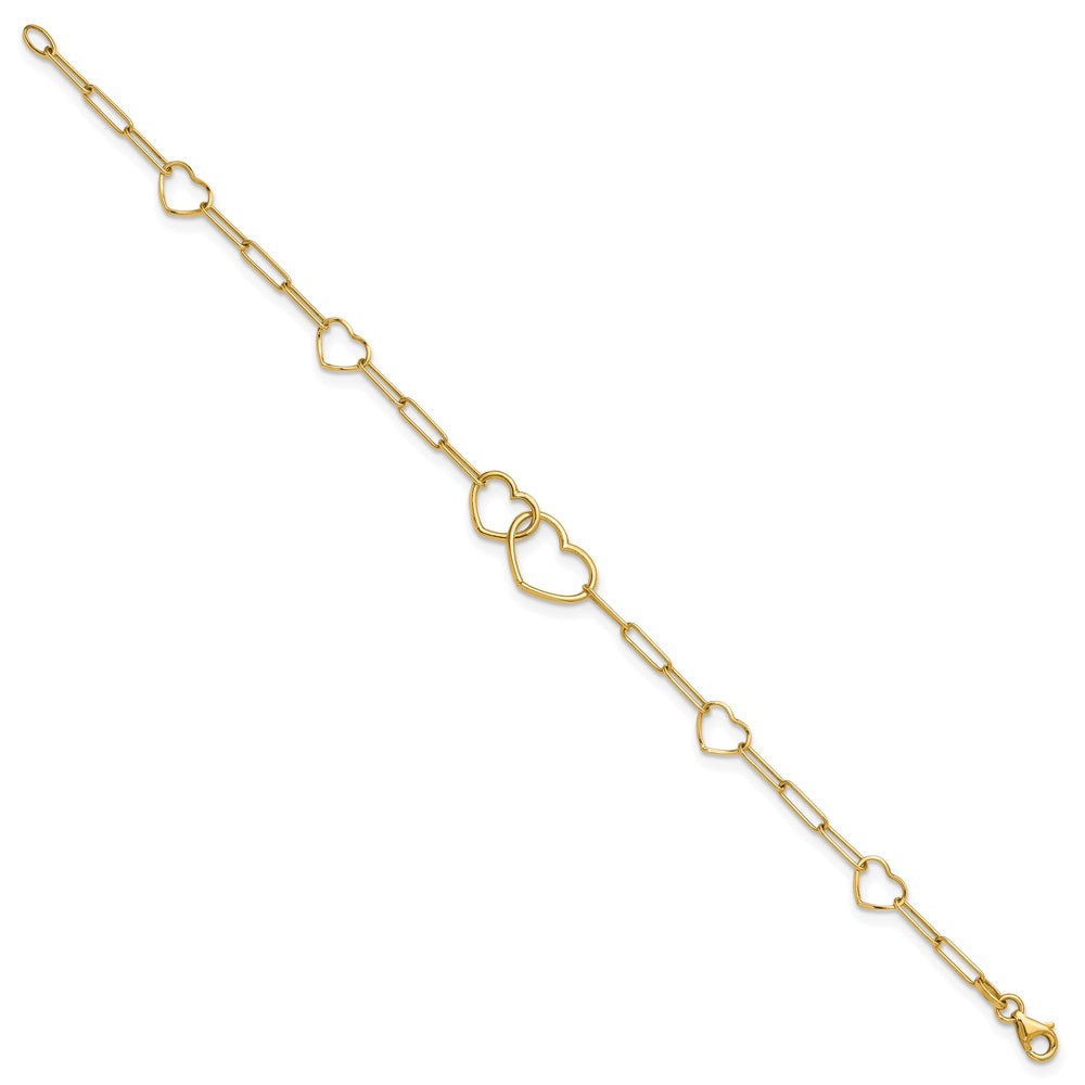 14k Polished Paper Clip Link Heart Shape 7.5in Bracelet