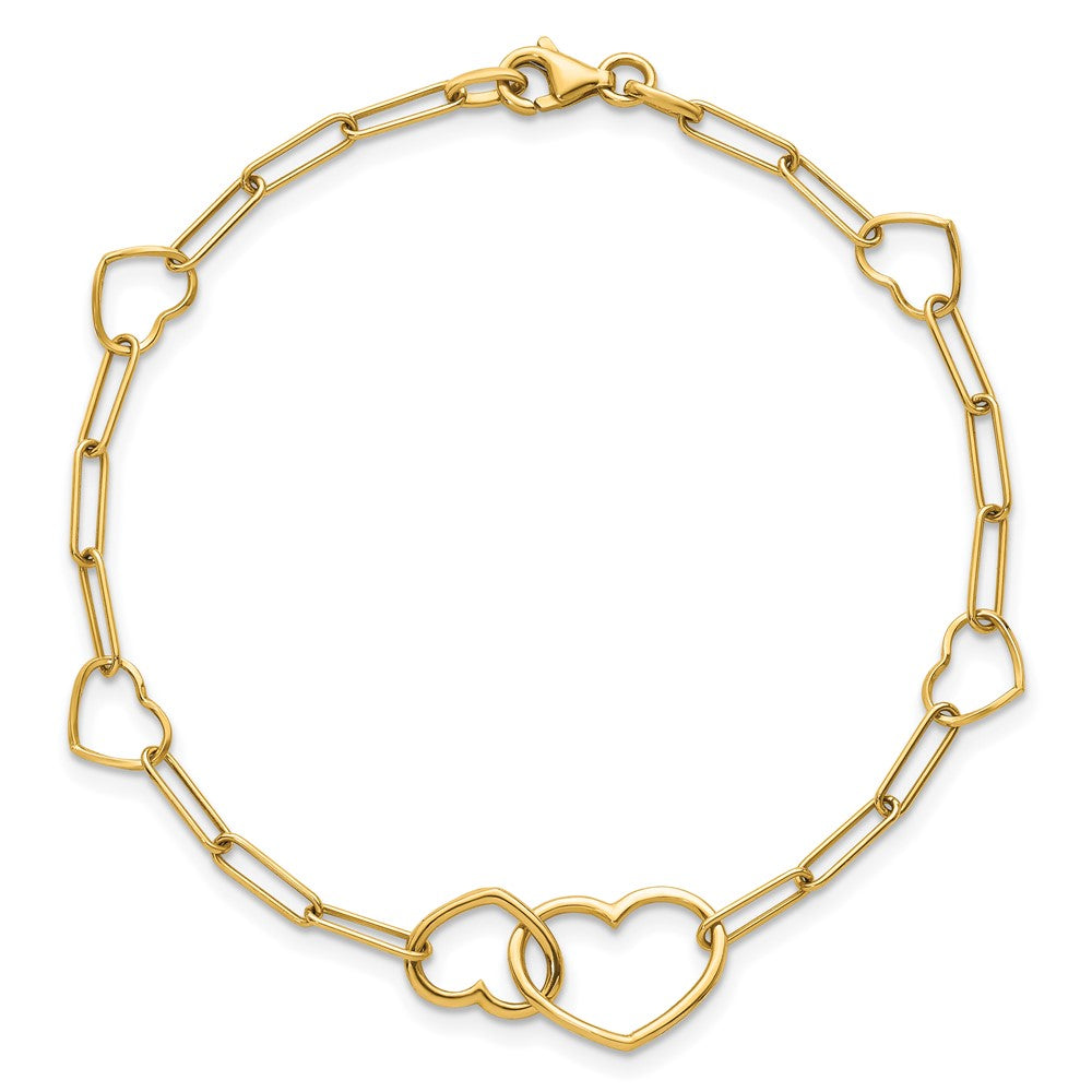 14k Polished Paper Clip Link Heart Shape 7.5in Bracelet